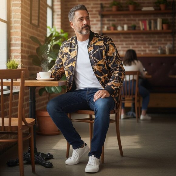 Denim & Flower by Ricky Singh Vintage Versace Inspired Men’s Bomber Jacket- XL - Picture 1 of 9